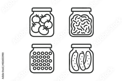 Various preserved foods stored in glass jars including pickles, tomatoes, peas, and fermented cabbage