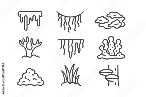 Outline icons set of natural formations, aquatic plants, coral, moss, and dripping liquid