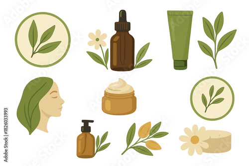 Set of natural organic cosmetic products and herbal ingredients for beauty and skincare