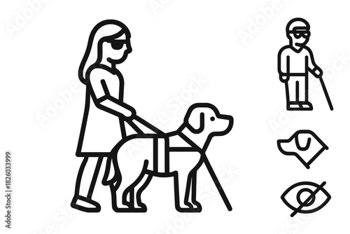 Accessibility symbols featuring a visually impaired person and a guide dog