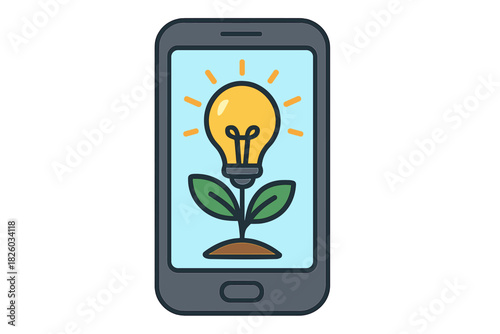 Mobile phone screen displaying a growing plant with a bright light bulb replacing the bloom