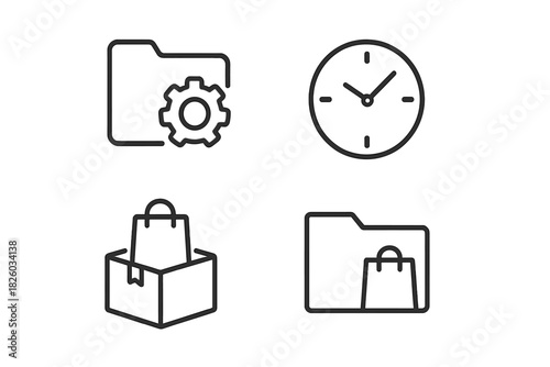 Essential business and e-commerce icons set for settings time management delivery and shopping data