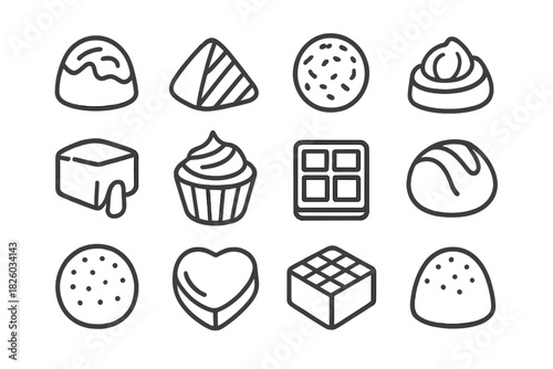 Outline symbols for sweet desserts including chocolates, truffles, pralines, and cupcakes