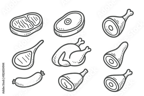 Various raw meat products collection featuring beef steak, whole chicken, ham, and sausage links