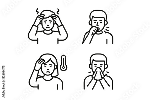 Common cold and flu symptoms represented by minimal black outline graphics
