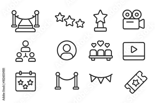 Outline icons set for cinema, movie awards, entertainment events, and media production