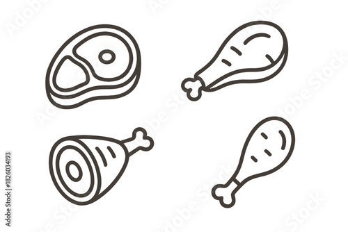 Raw meat cuts collection featuring beef steak, chicken drumsticks, and pork ham