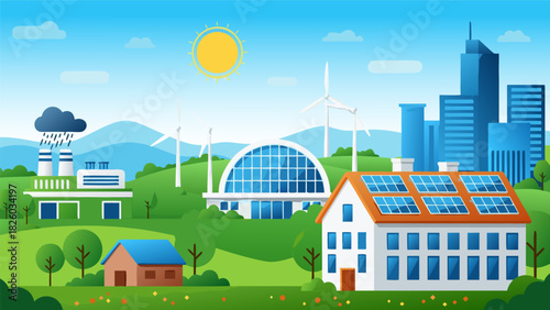 Sustainable Cityscape Illustration with Renewable Energy Sources