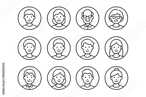 Set of twelve minimalist user profile avatars representing various demographics and generations
