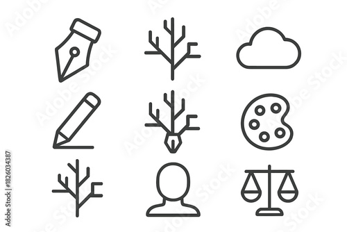 Minimalist line icons covering creativity, environment, user profile, and justice themes