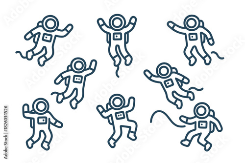 Set of floating astronauts in space suits performing zero gravity movements