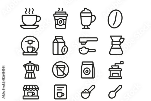 Simple line symbols for coffee cups, beans, brewing tools, and essential cafe elements