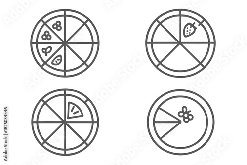 Minimal line icons showing various food toppings on pizza slices or pie chart segments