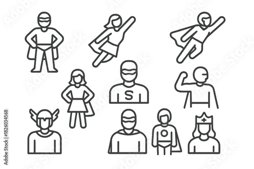 Outline figures of various superheroes, comic book characters, and powerful fantasy heroes