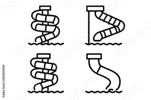 Set of four black outline water slides for water park and summer recreation
