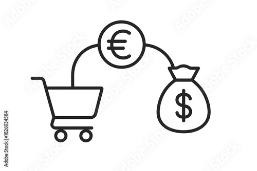 Shopping cart connected to Euro currency symbol and Dollar money bag representing global commerce and financial exchange