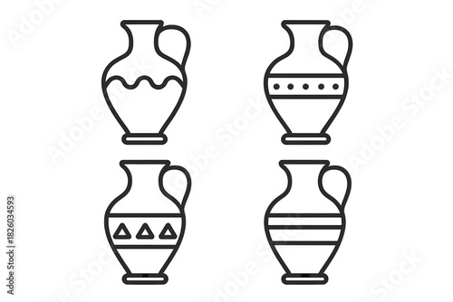 Collection of four ancient ceramic jugs featuring various decorative patterns and historical motifs