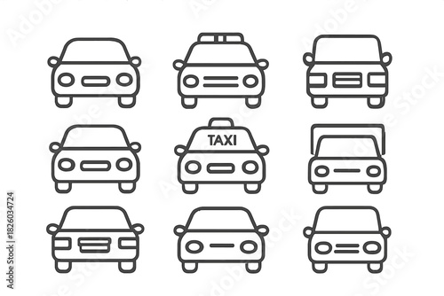 Simple outline icons of passenger cars and public transportation taxis viewed from the front