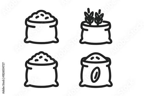 Black outline sacks filled with agricultural crops, grain, wheat, and flour
