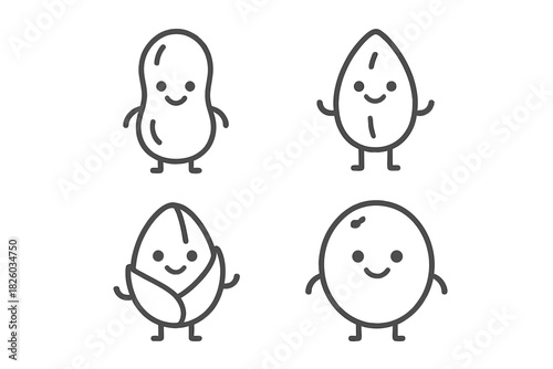 Adorable smiling nut characters set featuring peanut, almond, pistachio, and coconut icons