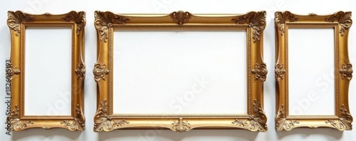 Elegant antique gold frames, arranged artistically on pure white background , elegant, presentation