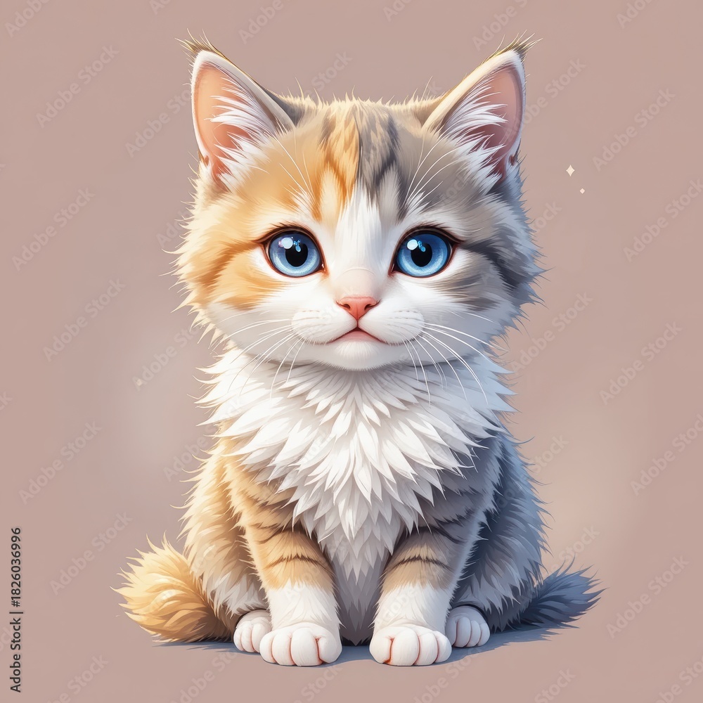 Obraz premium Charming Fluffy Kitten with Blue Eyes Sitting Calmly Against a Soft Background