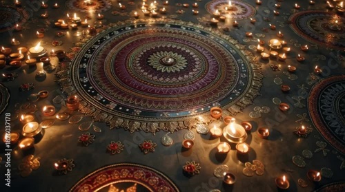 Wallpaper Mural Intricate diwali rangoli designs with lit diyas on a dark background with warm tones. Torontodigital.ca