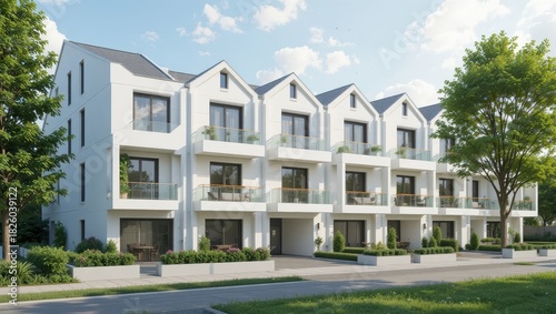 Modern Residential Townhouses with White Facades and Green Balconies in Bright Daylight Setting