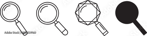 Magnifying glass icons set with diverse styles including simple outline, faceted geometric, and solid black designs for search, zoom, and analysis concept Vector