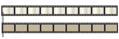Film strip. Retro film strip frame. Cinema filmstrip template. Video film strip roll. Tape photo film strip frame, video film strip roll. Film negative frames vector.