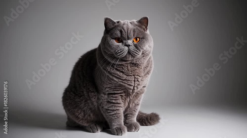 British cat sitting upright on floor. Portrait of fluffy pet with orange eyes. Cat sitting still in studio. Gray animal with soft fluffy coat. British gray fluffy cat looking straight ahead.