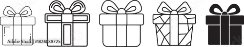 Collection of five minimalist gift box icons, varying in outline style and one solid black design, perfect for holiday, celebration, and special occasion graphics Vector