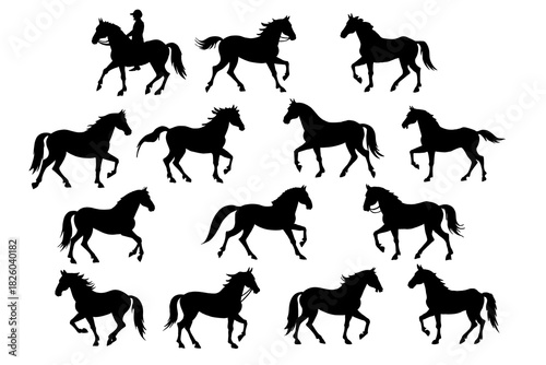 Vector set of black horses silhouettes.