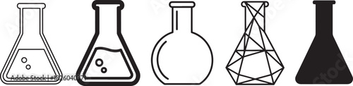 Diverse laboratory flask icons collection, featuring various scientific glassware designs for chemistry experiments, research and educational projects. Vector