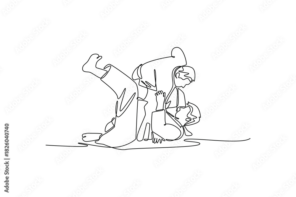 Fototapeta premium Continuous one line drawing two men are locked in close-quarters grapple on ground with one performing inverted roll over other. Strength technique. Single line draw design vector graphic illustration