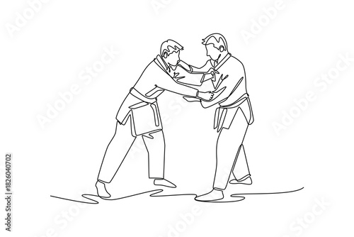 Continuous one line drawing two men are locked in close-quarters grapple for collar and sleeve. Strategic and focused intensity of the Judo combat. Single line draw design vector graphic illustration