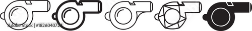 Collection of black and white whistle icons in various styles, representing alert, sport, signal, and referee concepts for graphic design projects Vector