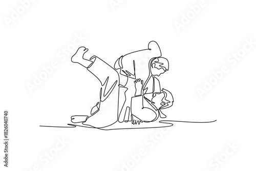 Continuous one line drawing two men are locked in close-quarters grapple on ground with one performing inverted roll over other. Strength technique. Single line draw design vector graphic illustration