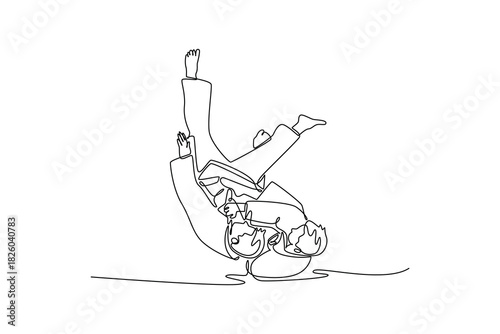Continuous one line drawing two men are performing dynamic sacrifice throw, with one figure inverted in mid-air during execution of Judo technique. Single line draw design vector graphic illustration