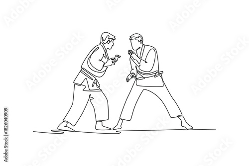 Continuous one line drawing two men are poised in wide, low stance, hands ready for initial grip or clash. Strategic focused intensity Judo combat. Single line draw design vector graphic illustration