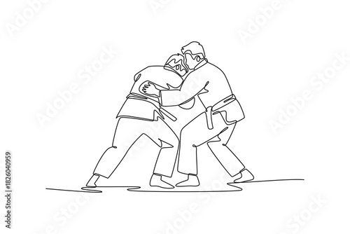 Continuous one line drawing two men are locked in close-quarters grapple for collar and sleeve. Strategic and focused intensity of the Judo combat. Single line draw design vector graphic illustration