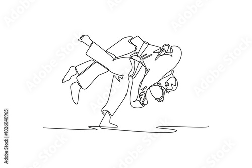 Continuous one line drawing two men are performing dynamic throw with one executing a hip-and-shoulder technique. Power, balance, and fluid motion. Single line draw design vector graphic illustration