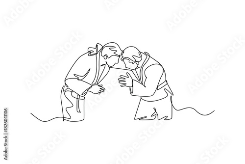 Single continuous line drawing two men are locked in close-quarters grapple for the collar and sleeve, illustrating focused intensity of Judo combat. One line draw graphic design vector illustration