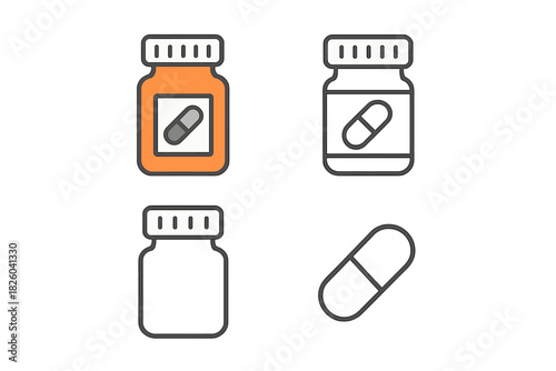 Outline and color symbols of prescription drug bottles and medical capsules