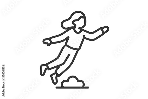 Minimalist depiction of a woman floating or flying above a stylized cloud