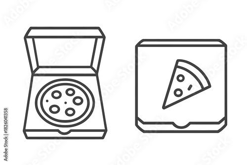 Black and white outline showing open and closed pizza delivery boxes with food