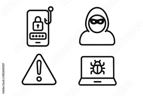Cyber security threats including data phishing, anonymous hacker, system warning, and computer bug