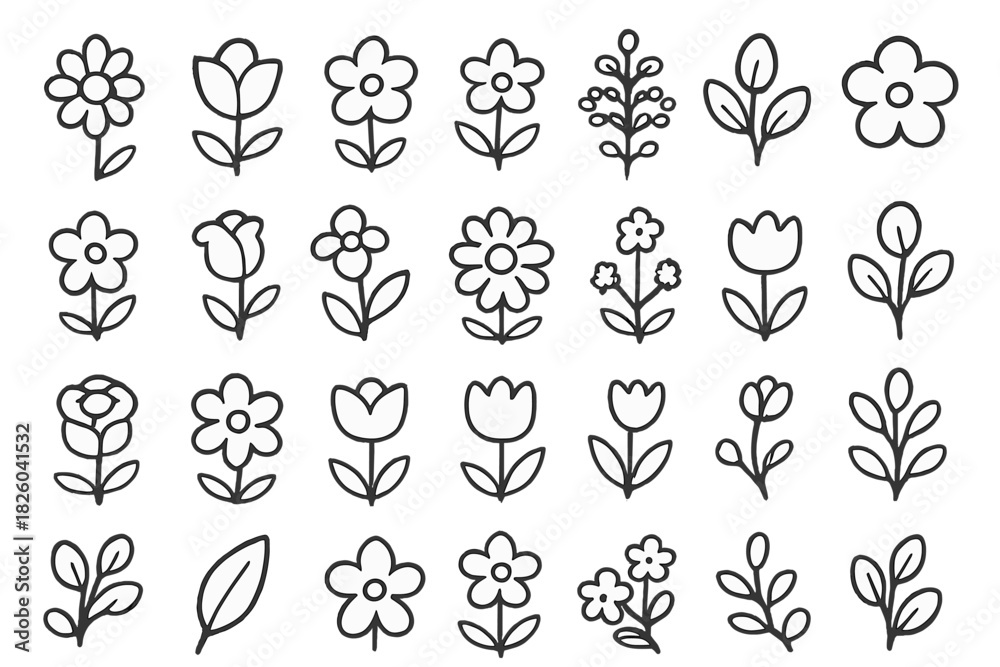 Fototapeta premium Simple hand drawn outline floral elements set featuring various flowers and botanical leaves