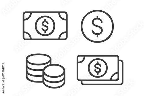 Outline symbols of dollar currency, paper money, and stacked coins for financial transactions and banking