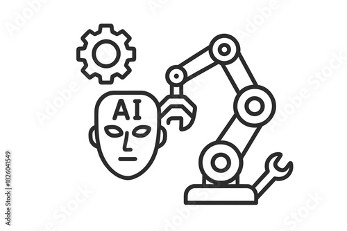 Robotic arm assembling an artificial intelligence face with a mechanical gear symbol
